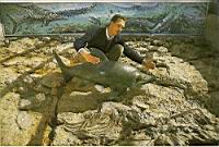 L'archéologue Jean-Simon Pagès et le squelette d'un Ichthyosaurus tenuirostris à bec pointu